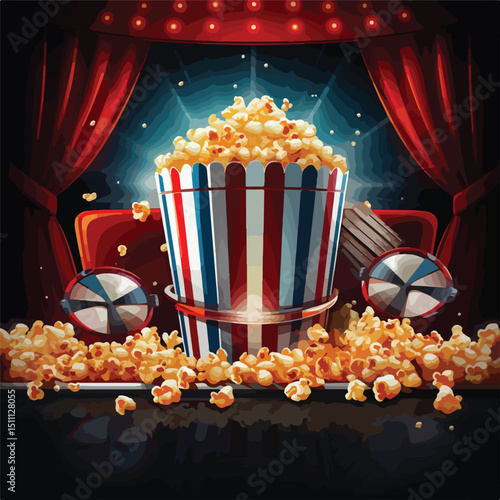 Professional Film Reel, Popcorn Bucket, and 3D Glasses for Movie Theaters and Cinemas