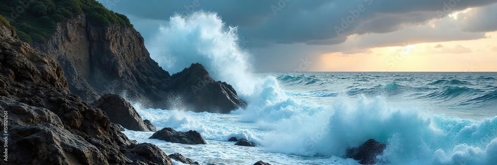 Fototapeta premium Rugged coastal rocks battered by a powerful storm, sea spray flying, dramatic clouds overhead The raw power of nature on full display , storm, weather, clouds