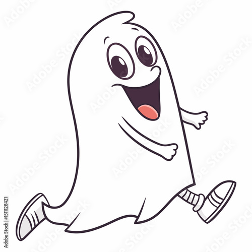 A cartoon ghost with a happy expression running with shoes on and arms outstretched on a white background