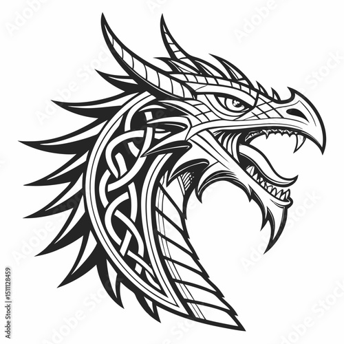 Detailed black and white dragon head with celtic knot patterns and sharp teeth in a fierce pose isolated