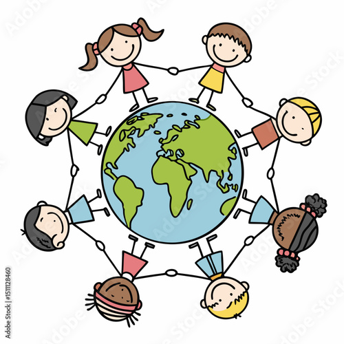 Children holding hands around the world in a circle showing unity and friendship among different cultures