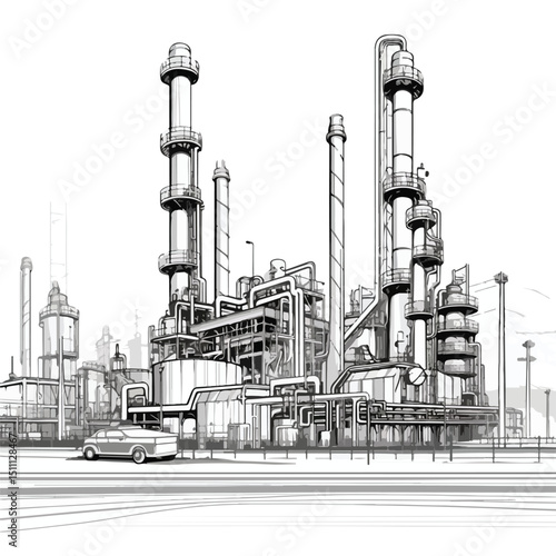 Industrial Fuel Pump Refinery Black and White Vector Illustration for Projects