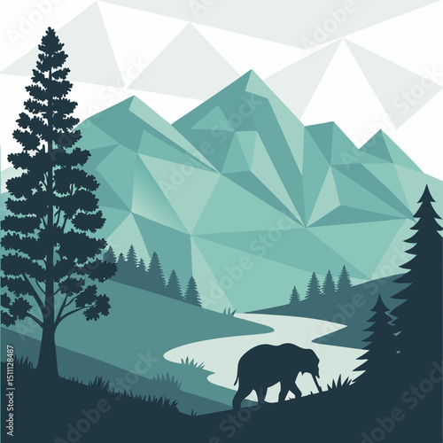 Illustration of a landscape with mountains, trees, a river, and an elephant silhouette under a geometric sky