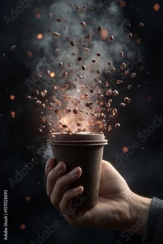 A person holding a cup of coffee with coffee beans flying out of it