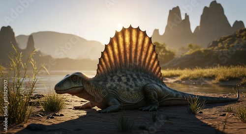 A dimetrodon resting near a serene lake in its natural habitat. 