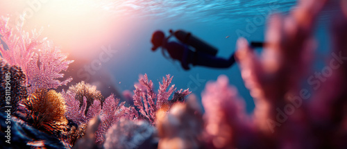 A lone diver exploring a thriving underwater world, surrounded by colorful corals and fish. Air Diver Exploring Tranquil Underwater Cave with Beam of Light