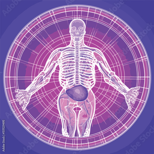 Detailed illustration of a human earth organ on abstract purple lines background