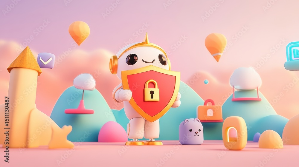 Fototapeta premium Cute Robot Protecting Data in a Whimsical World