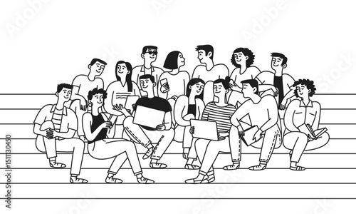 Group of happy young people sitting on stairs, students socializing and using gadgets. Concept of communication and education. Vector doodle illustration