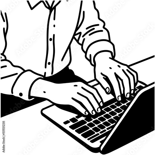 A person's hands typing on a laptop, illustrated in a black and white style.