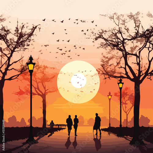 Professional Image of People Walking in Urban City Park with Benches and Lamp Post Light