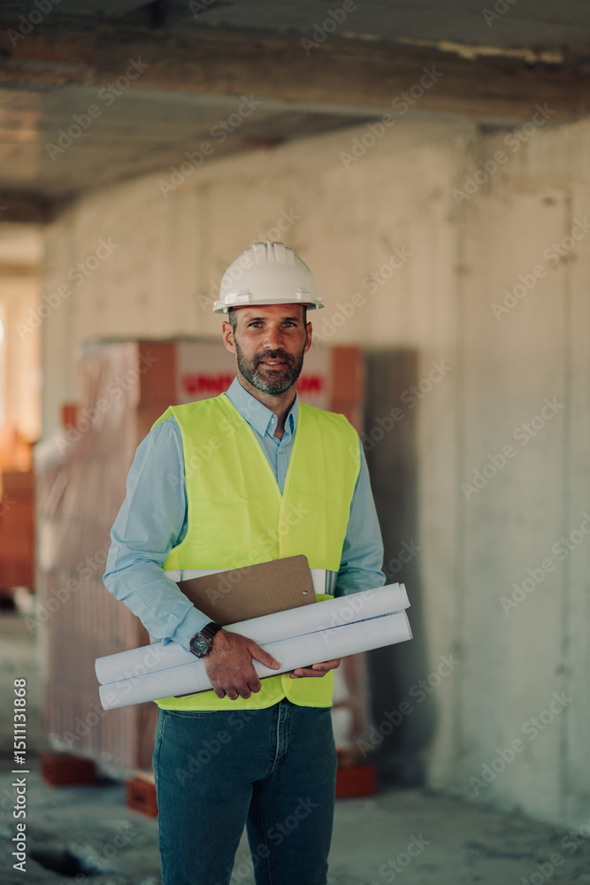 Fototapeta premium Construction engineer holding blueprints and clipboard inspecting construction site
