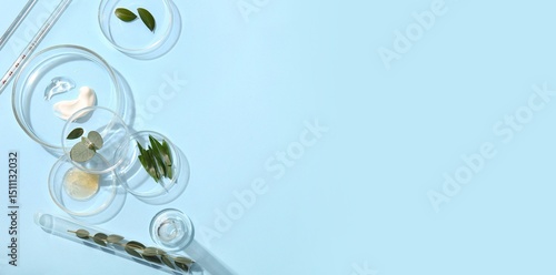 Petri dishes, plants and glass droppers on light blue background with space f...