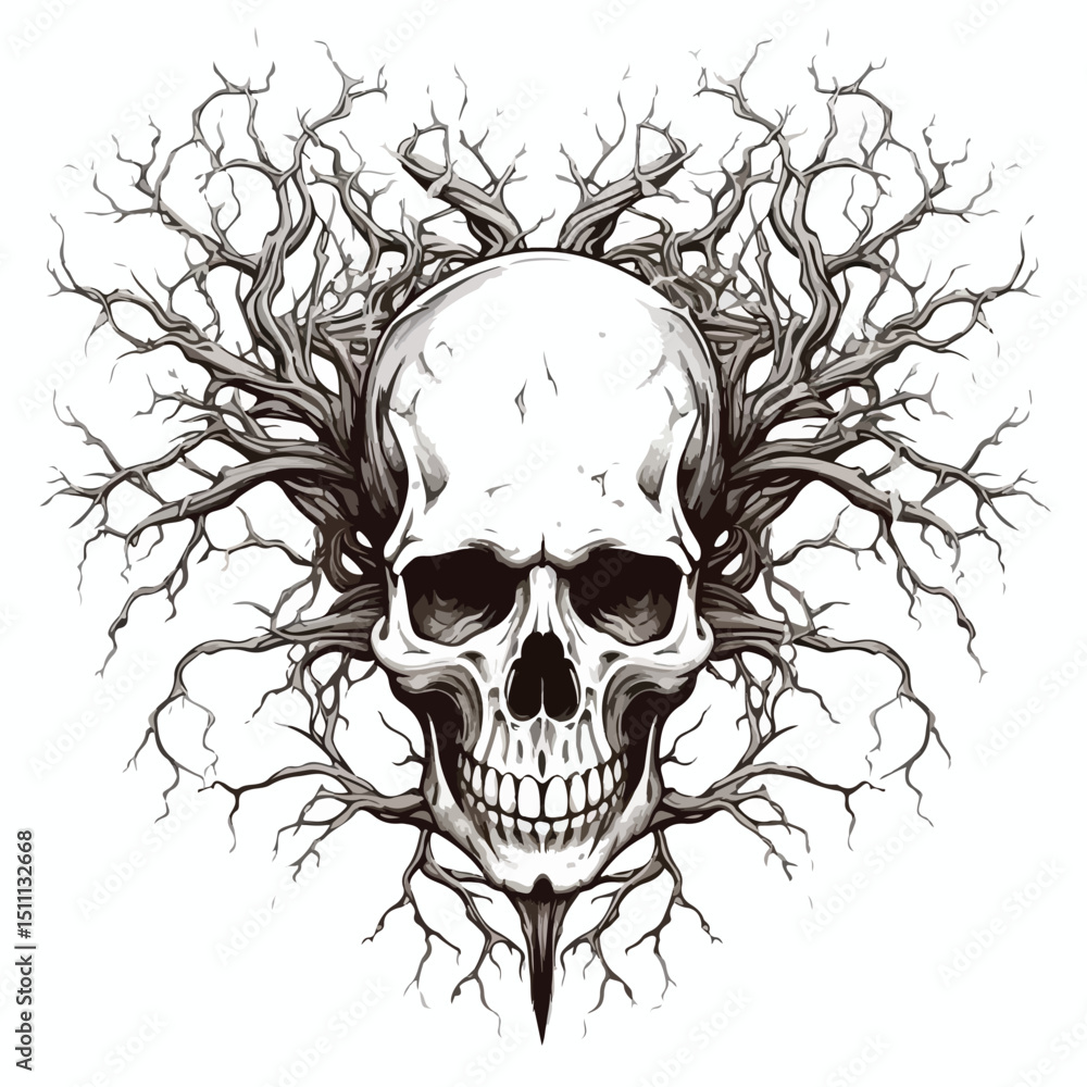 Obraz premium Unique Skull with Branches Tattoo Art Design Vector for Creative Projects