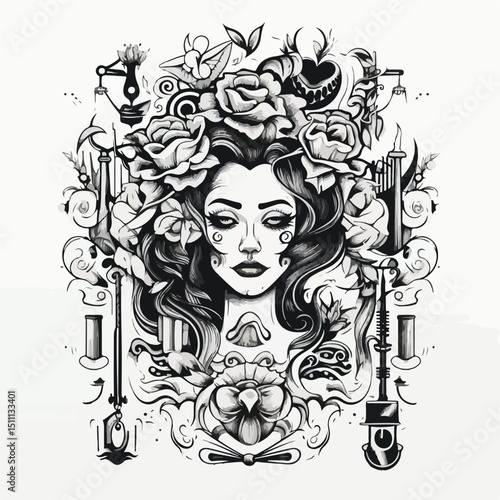 Professional Tattoo Studio Design in Black and White Vector Illustration