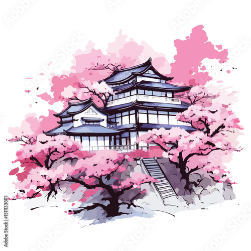 Authentic Traditional Japanese House Style with Blossom Saku in EPS Format