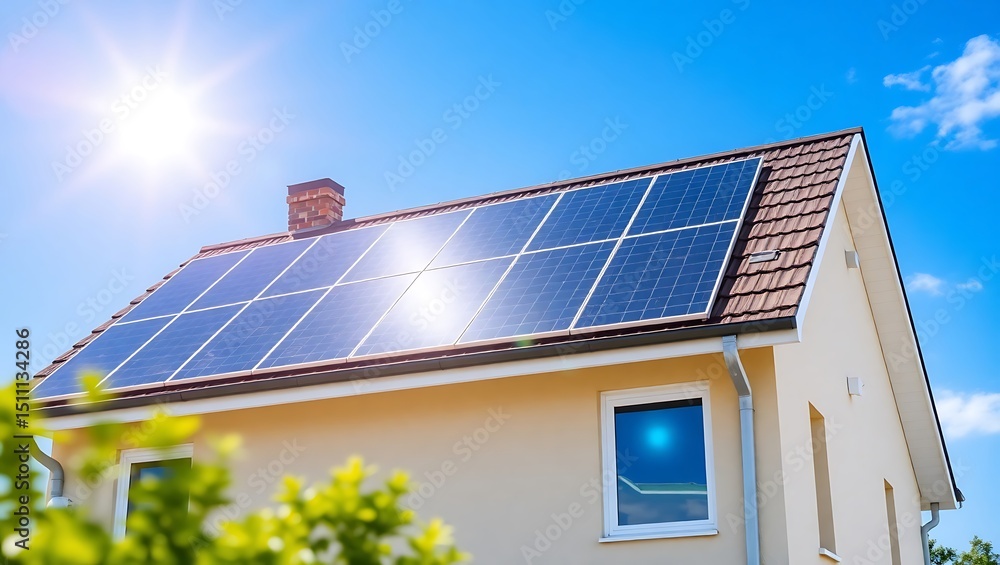 Naklejka premium Residential home with solar panels on roof under bright sunlight