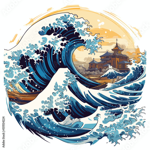 Destructive Tsunami Natural Disaster with Massive Big Wave Isolated Illustration