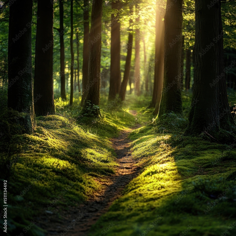 Fototapeta premium Sunlit Forest Path A Magical Green Landscape