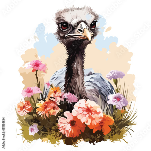 Elegant Wild Ostrich with Floral Garden Vector Illustration for Designs