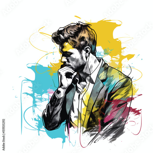 Professional Young Man Communicating on Smartphone with Scribble Icons - Vector Illustration