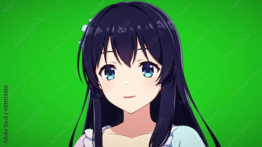 3D animated anime-style female character with long dark hair and large expressive eyes on a green screen. 3D animated anime-style female character with long dark hair and large expressive eyes on a green screen.