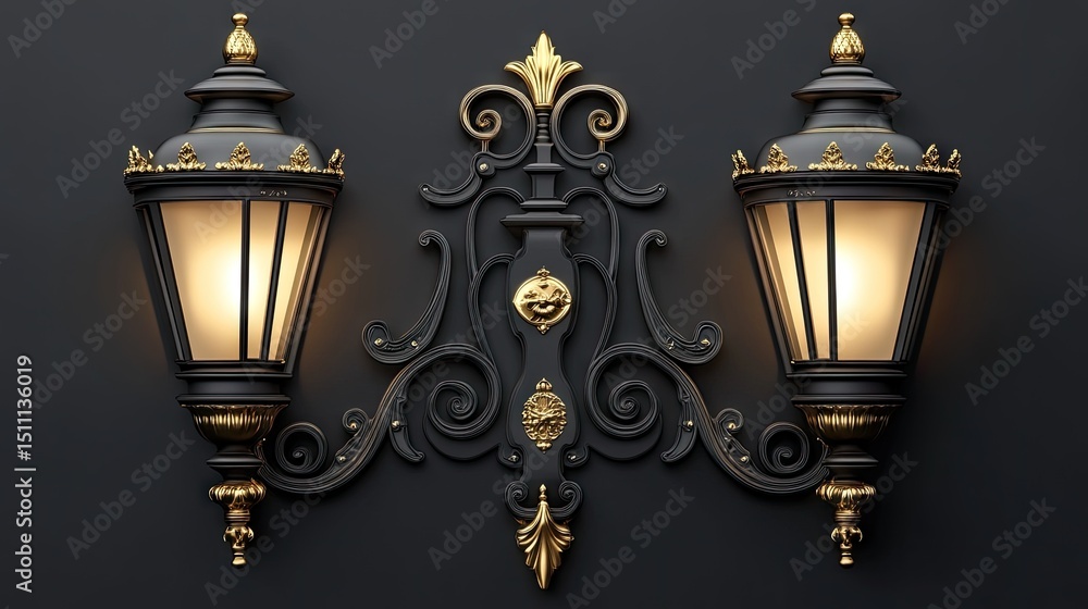 Ornate black and gold wall sconces with decorative lamp fixtures. Ornate black and gold wall sconces with decorative lamp fixtures.