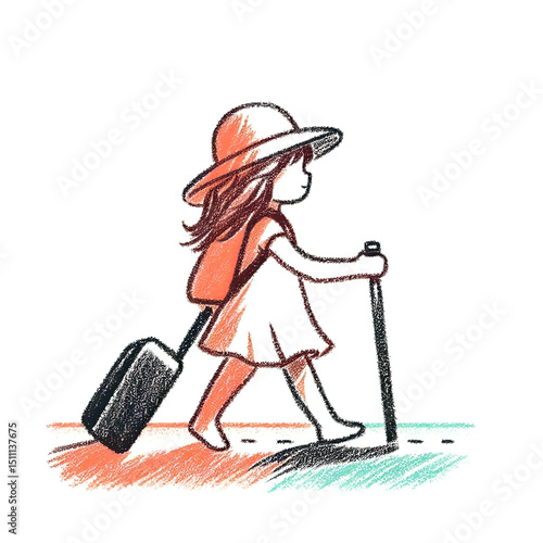 Young girl walking with suitcase and hat on travel journey  