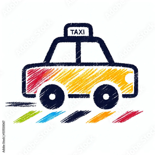 Colorful doodle style taxi car on a road with vibrant stripes  