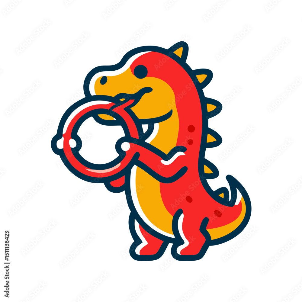 Fototapeta premium Baby dinosaur chewing a teething ring - icon for children's products and services