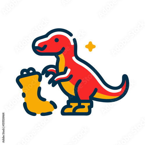 Baby dinosaur putting on baby shoes - icon for children's products and services