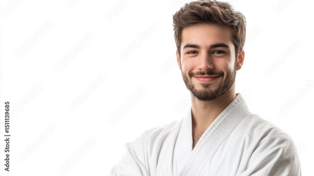 Experienced young karate practitioner in white gi, waist-length, performing a fighting stance, generative ai Experienced young karate practitioner in white gi, waist-length, performing a fighting stance, generative ai