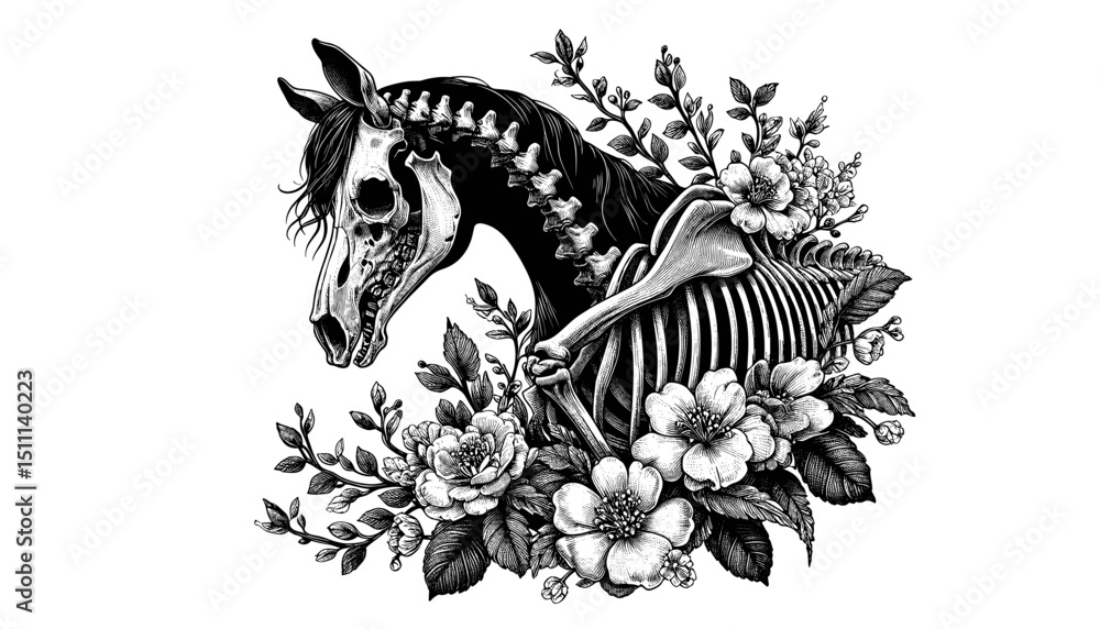 Obraz premium Horse skull with flowers artistic design. Elegant horse skeleton surrounded by blooming roses and camellias. Artistic image of horse death and rebirth, perfect for gothic art, tattoo design,