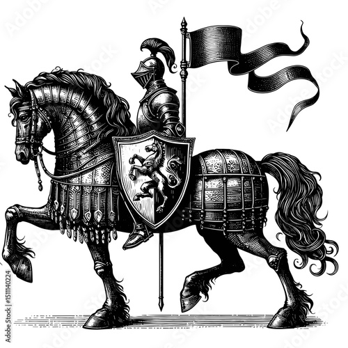 Medieval knight in full armor riding a warhorse. Powerful knight holds a shield and spear, riding horse in armor.