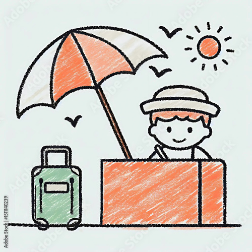 Young boy sitting under an umbrella with suitcase on the beach  