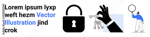 Large padlock and keyring as symbols of security, next to a person investigating with a magnifying glass. Ideal for cybersecurity, access control, data protection, investigation, strategy, research