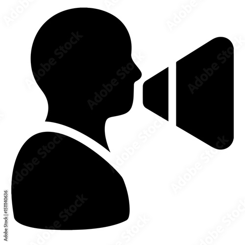 A person speaking into a megaphone, depicted in a bold black silhouette.