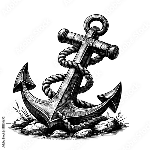 Detailed nautical anchor illustration with rope.  Anchor rests on rocks and grass.  Nautical anchor graphic perfect for marine designs.