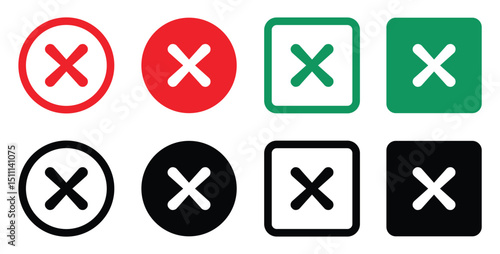 A set of minimalist flat vector 'X' rejection symbols in a clean cartoon style. Multiple variations shown: circular and square frames in solid colors (red, green, black, white) with bold outlines.