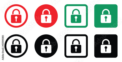 Minimalist padlock icons grid. Red, green, black locks in colored circles and squares. Flat vector design, no shading. Clean layout, white background. Security concept.