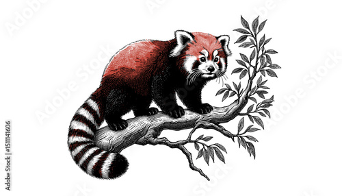 Red panda on tree branch engraving style. Adorable red panda illustration with bushy tail and charming face. Red panda image for children's books, nature publications, or wildlife posters.