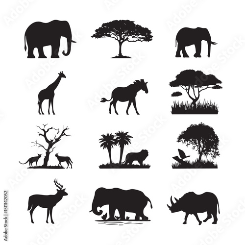 african safari silhouette set, Black silhouette
