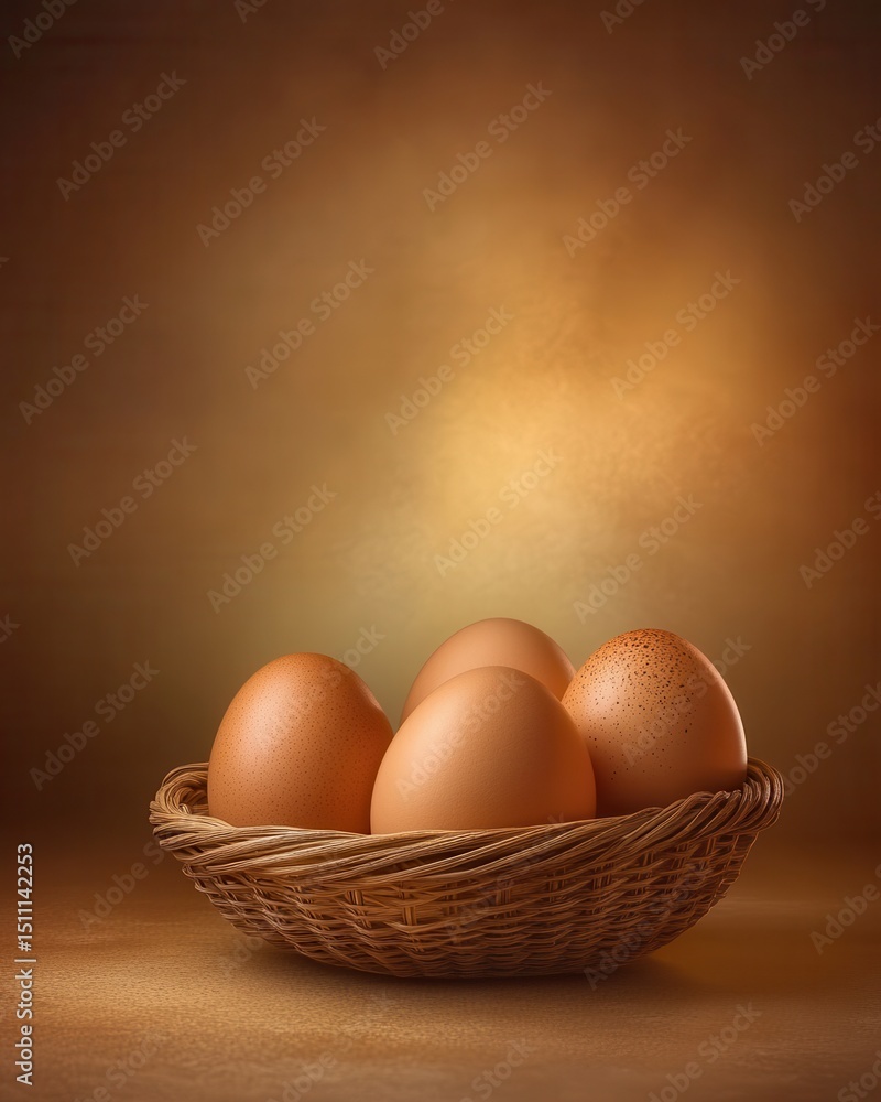 A rustic basket filled with brown eggs, illuminated by warm golden light, creating a cozy atmosphere A rustic basket filled with brown eggs, illuminated by warm golden light, creating a cozy atmosphere