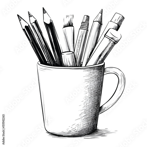 Monochrome Vector Illustration of Pencils and Marker in Cup for Creative and Artistic Projects