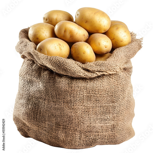 Fresh harvested potatoes in burlap sack, cut out