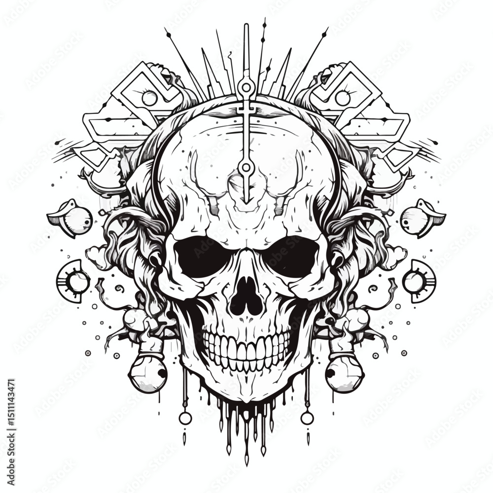 Fototapeta premium Mystical Skull Head Icon in Esoteric Colorless Design for Graphic Illustration