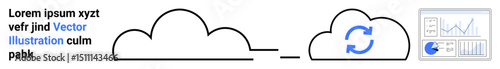Clouds connected by sync icon adjacent dashboard displays analytics data. Ideal for data management, cloud storage, progress tracking, digital solutions, networking, system integration, simple