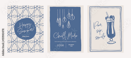 Party invitation template set. Doodle card collection. Event invitation poster. Boho sketch. Summer holiday drawings. Hand drawn illustration of drink, cocktail and string lights. Ink doodle style.