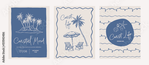 Tropical invitation template set. Event poster design. Summer holiday drawings. Coastal card set. Hand drawn illustration of palm island. Ink doodle style sketch.