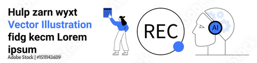 Woman handling a box on left, recording circle with REC in middle, human profile wearing AI headphones on right. Ideal for technology, AI, innovation, creativity, education, recording simple landing